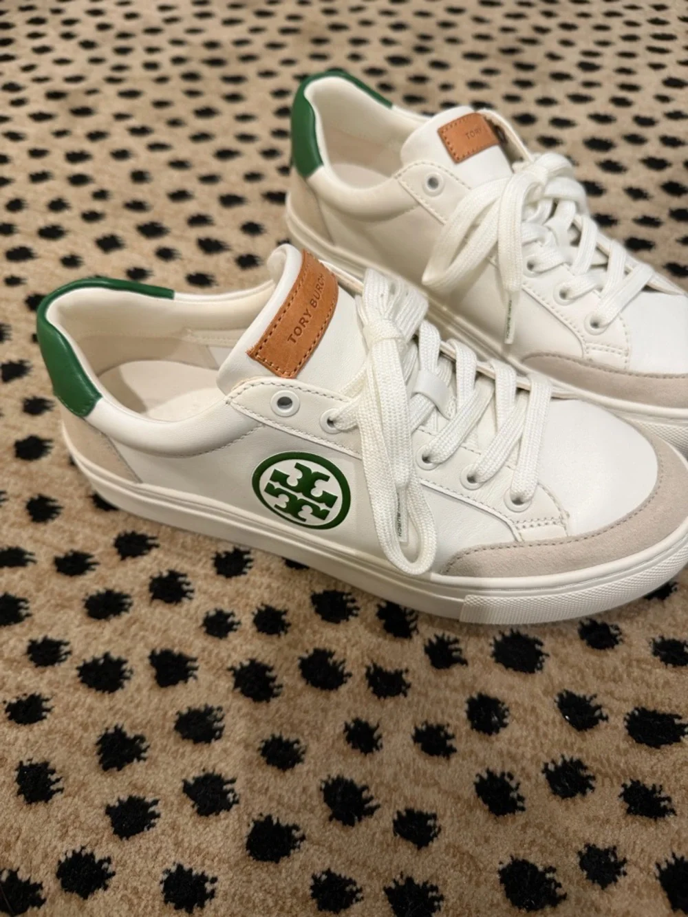 Tory Burch White Leather Sneakers with Green Logo Accent - Picture 2 of 6